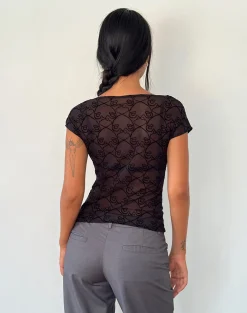 Motel Rocks Printed Tops-Nova Top in Black Queen of Heart Flock BlackQueenofHeartFlock
