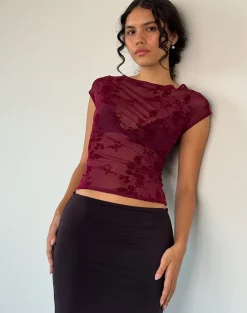 Motel Rocks Basic Tops | Printed Tops-Nova Top in Botanical Flower Maroon BotanicalFlowerMaroon
