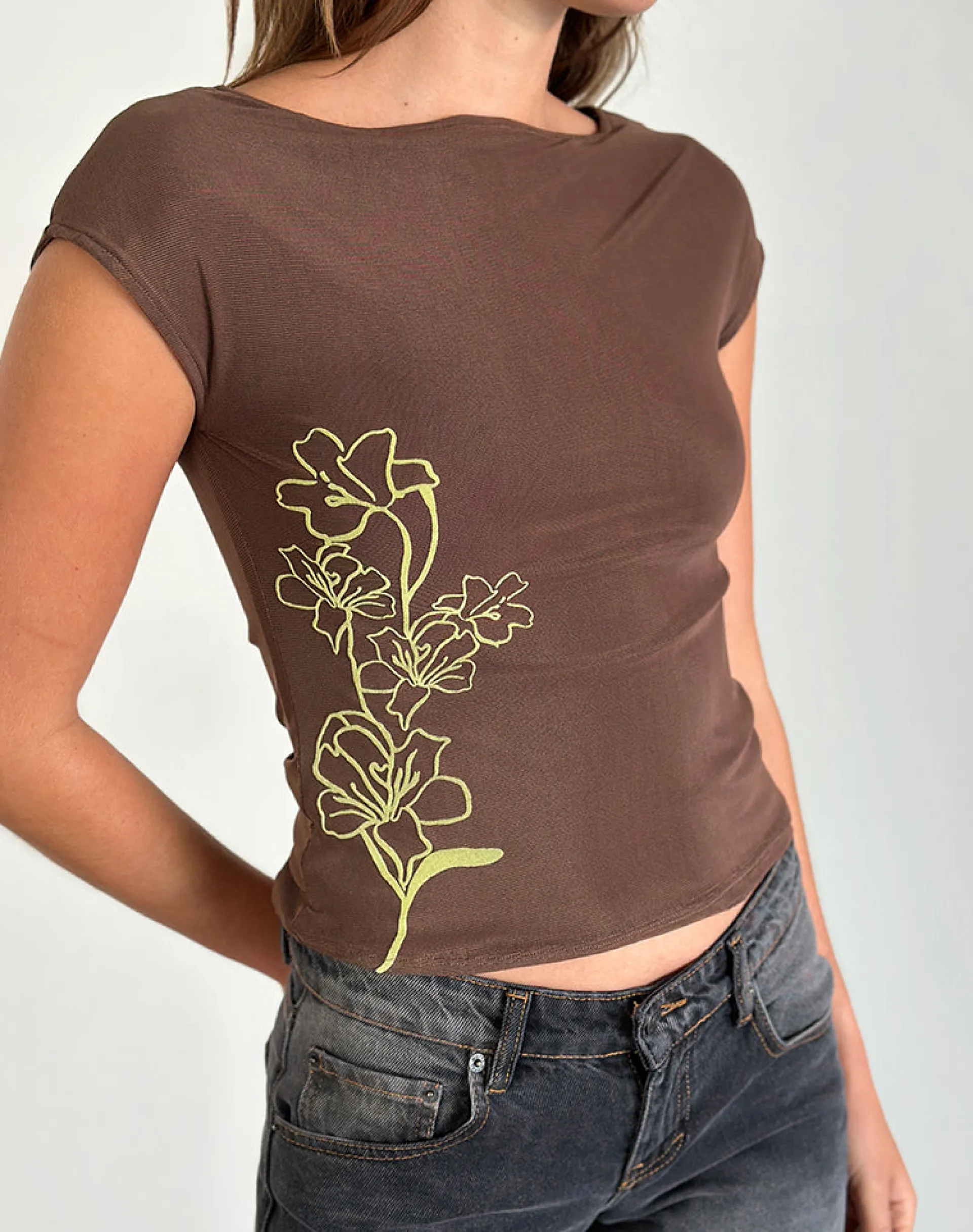 Motel Rocks Printed Tops | Going Out Tops-Nova Top in Mono Flower Flock Brown MonoFlowerFlockBrown