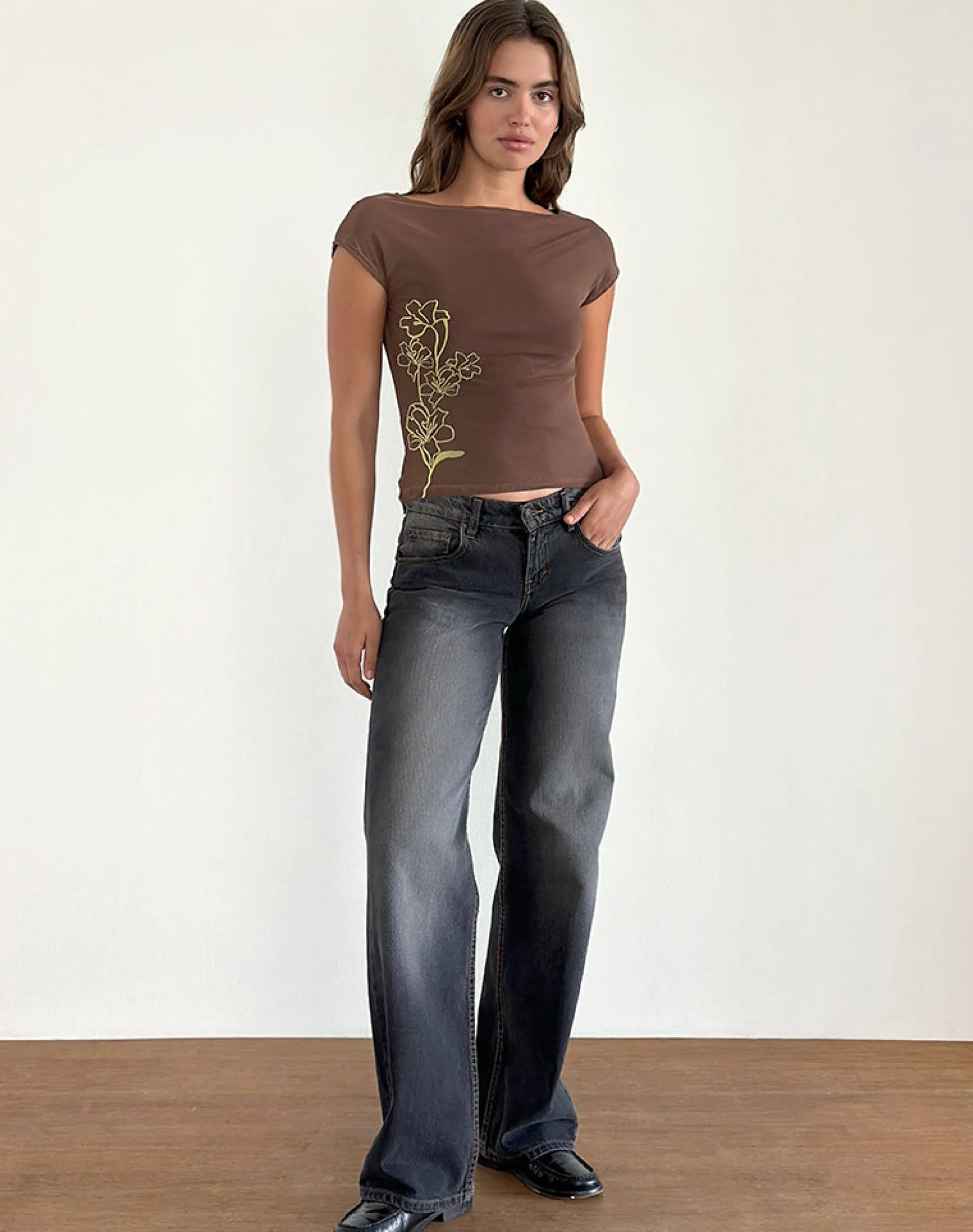 Motel Rocks Printed Tops | Going Out Tops-Nova Top in Mono Flower Flock Brown MonoFlowerFlockBrown