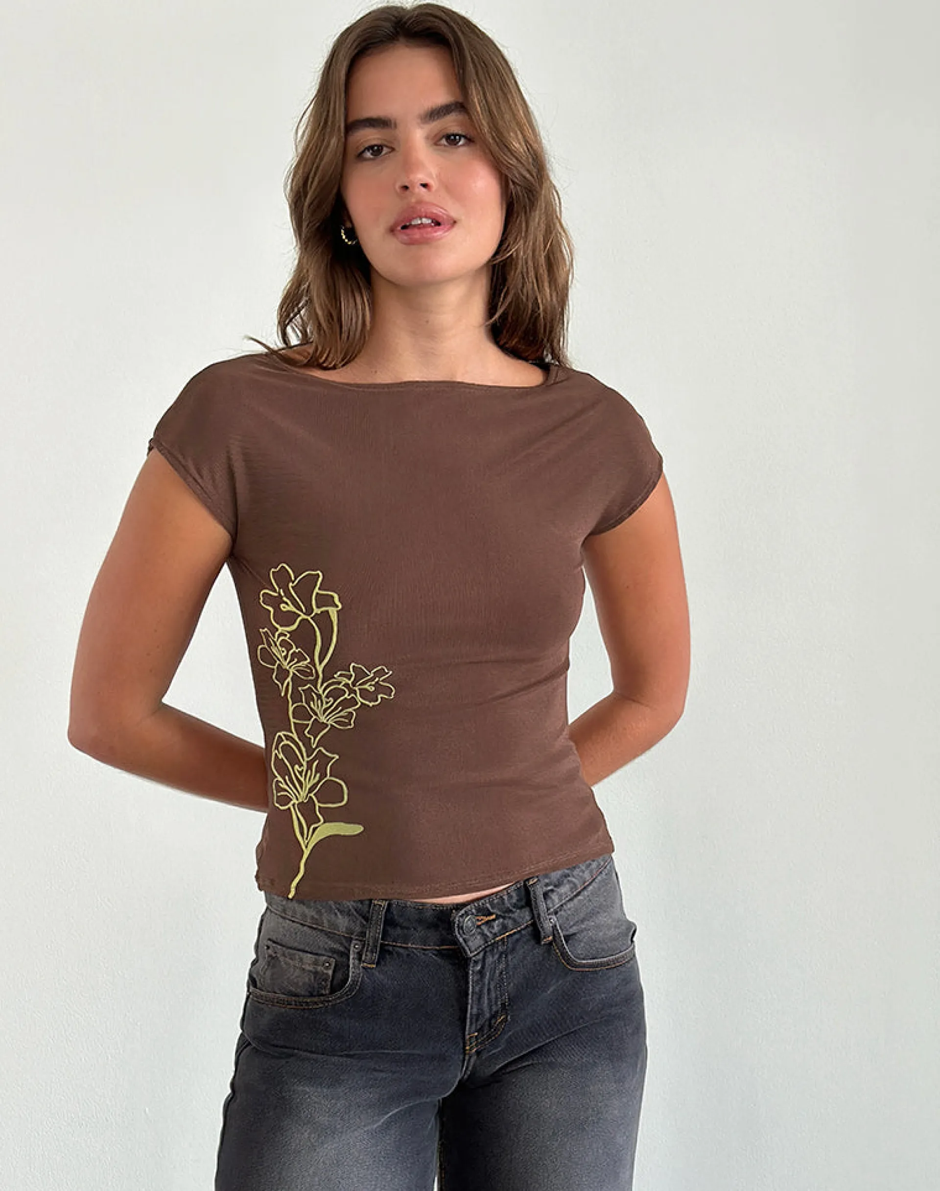 Motel Rocks Printed Tops | Going Out Tops-Nova Top in Mono Flower Flock Brown MonoFlowerFlockBrown