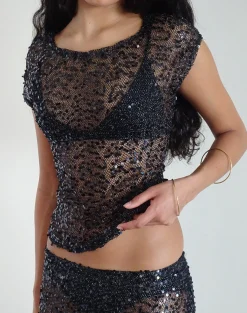 Motel Rocks Co-Ords | Sequin Tops-Nova Top in Sequin Mesh Black SequinMeshBlack