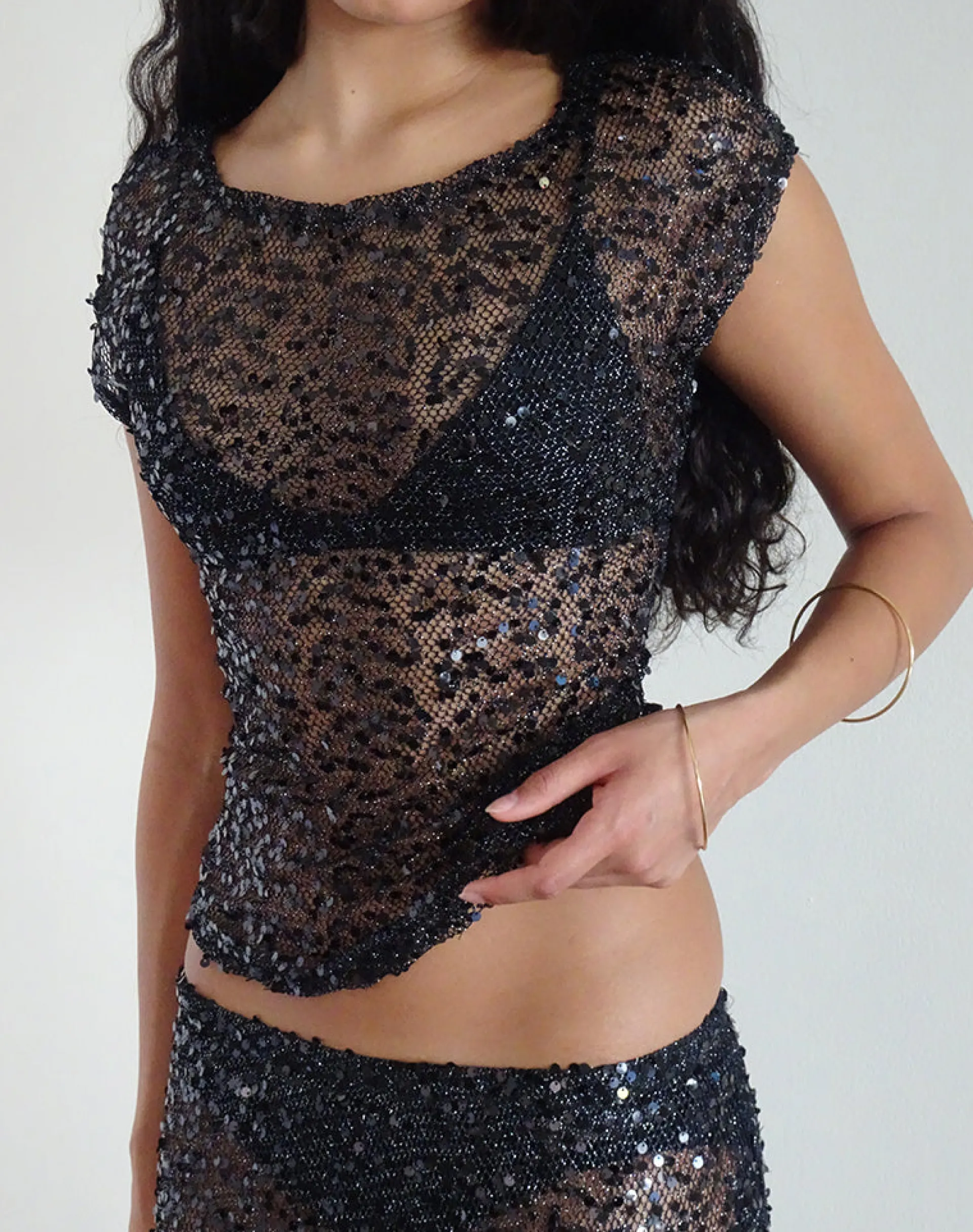 Motel Rocks Co-Ords | Sequin Tops-Nova Top in Sequin Mesh Black SequinMeshBlack