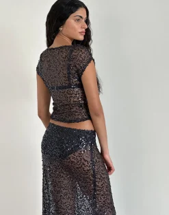 Motel Rocks Co-Ords | Sequin Tops-Nova Top in Sequin Mesh Black SequinMeshBlack