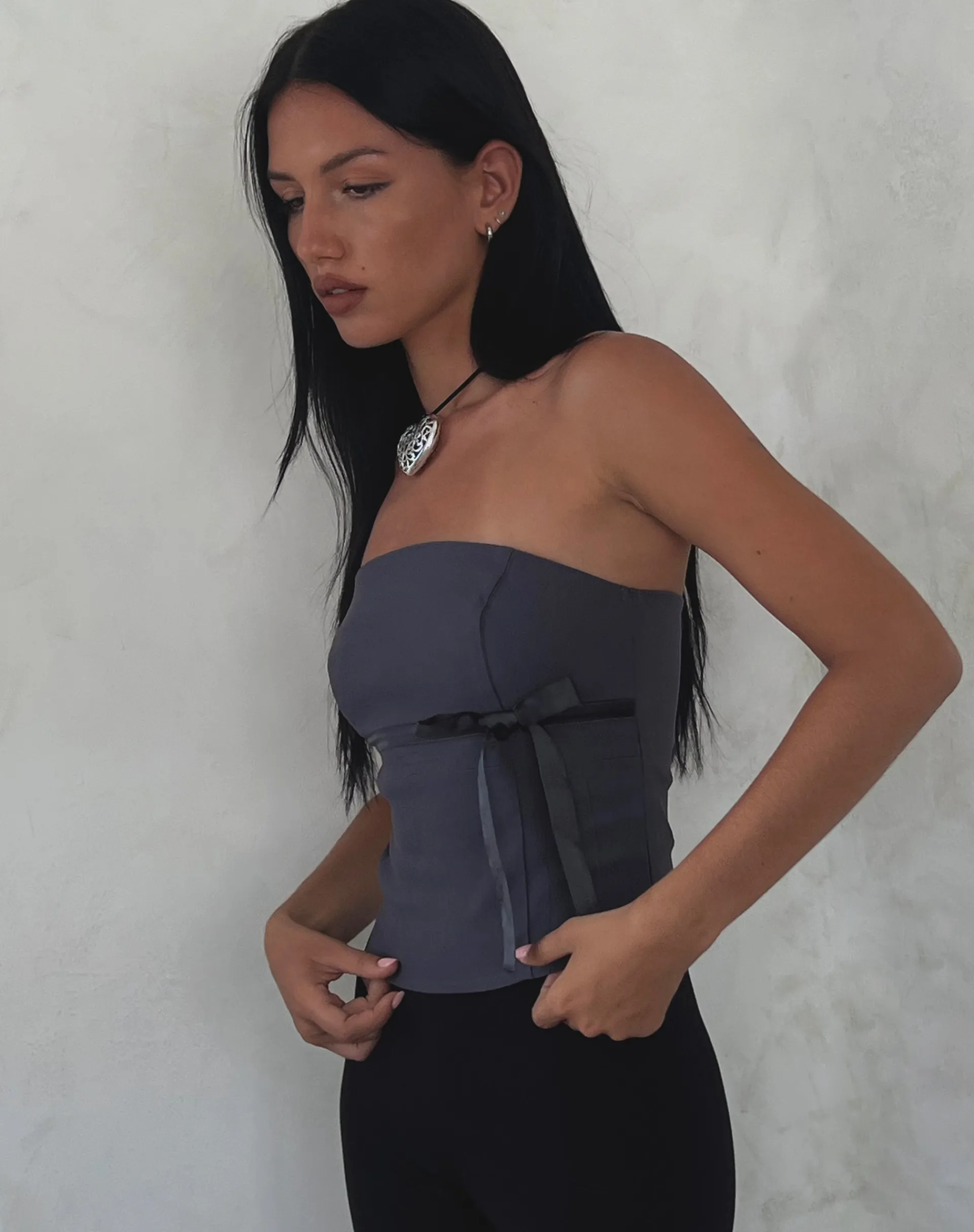 Motel Rocks Bandeau Tops-Novita Bow Detail Bandeau Top in Tailoring Charcoal Grey TailoringCharcoalGrey