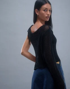 Motel Rocks Strappy Tops | Long Sleeve Tops-Nung Open Knit Asymmetric Top in Black