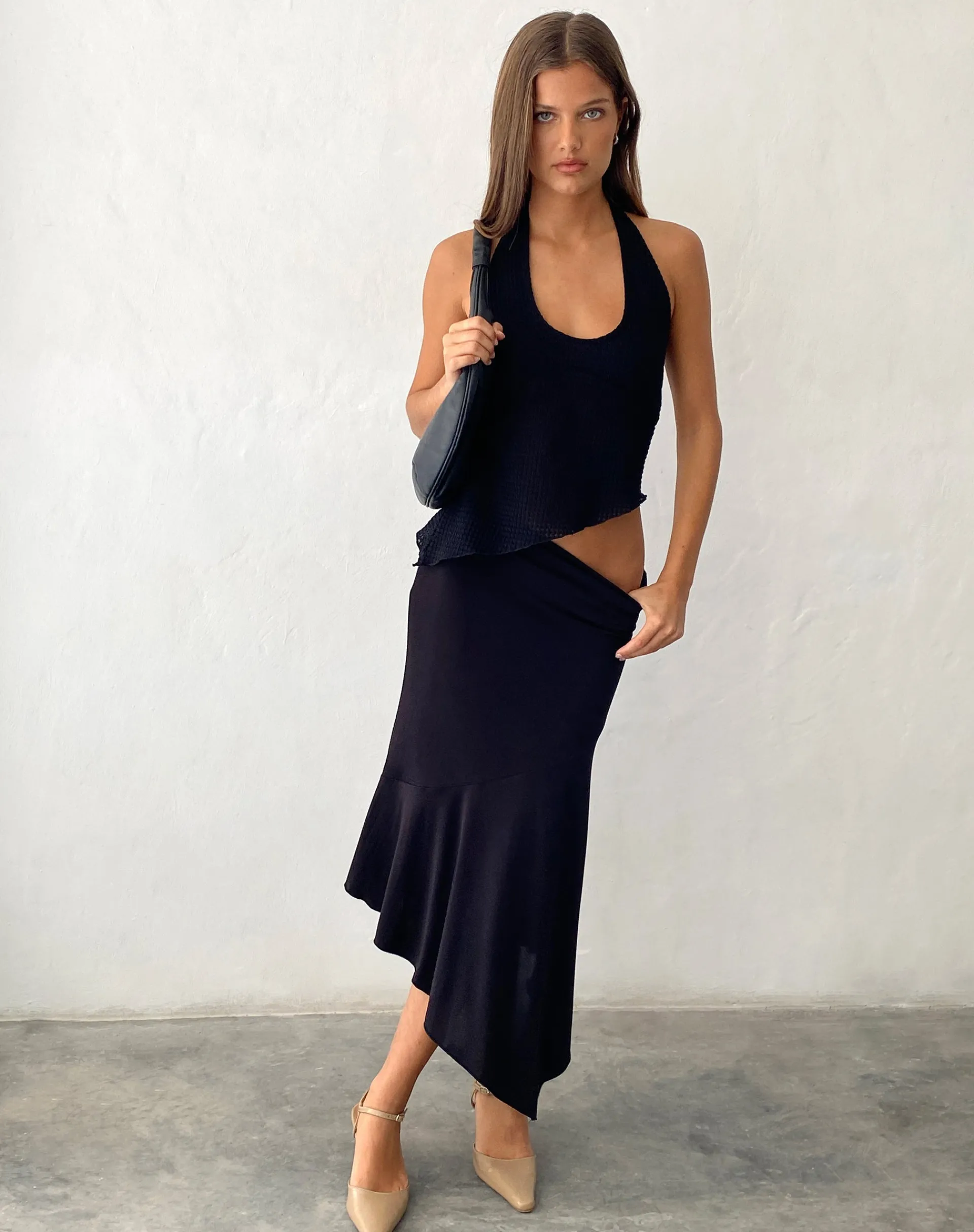 Motel Rocks Strappy Tops-Oceane Halterneck Top in Black Textured Crochet BlackCrochet