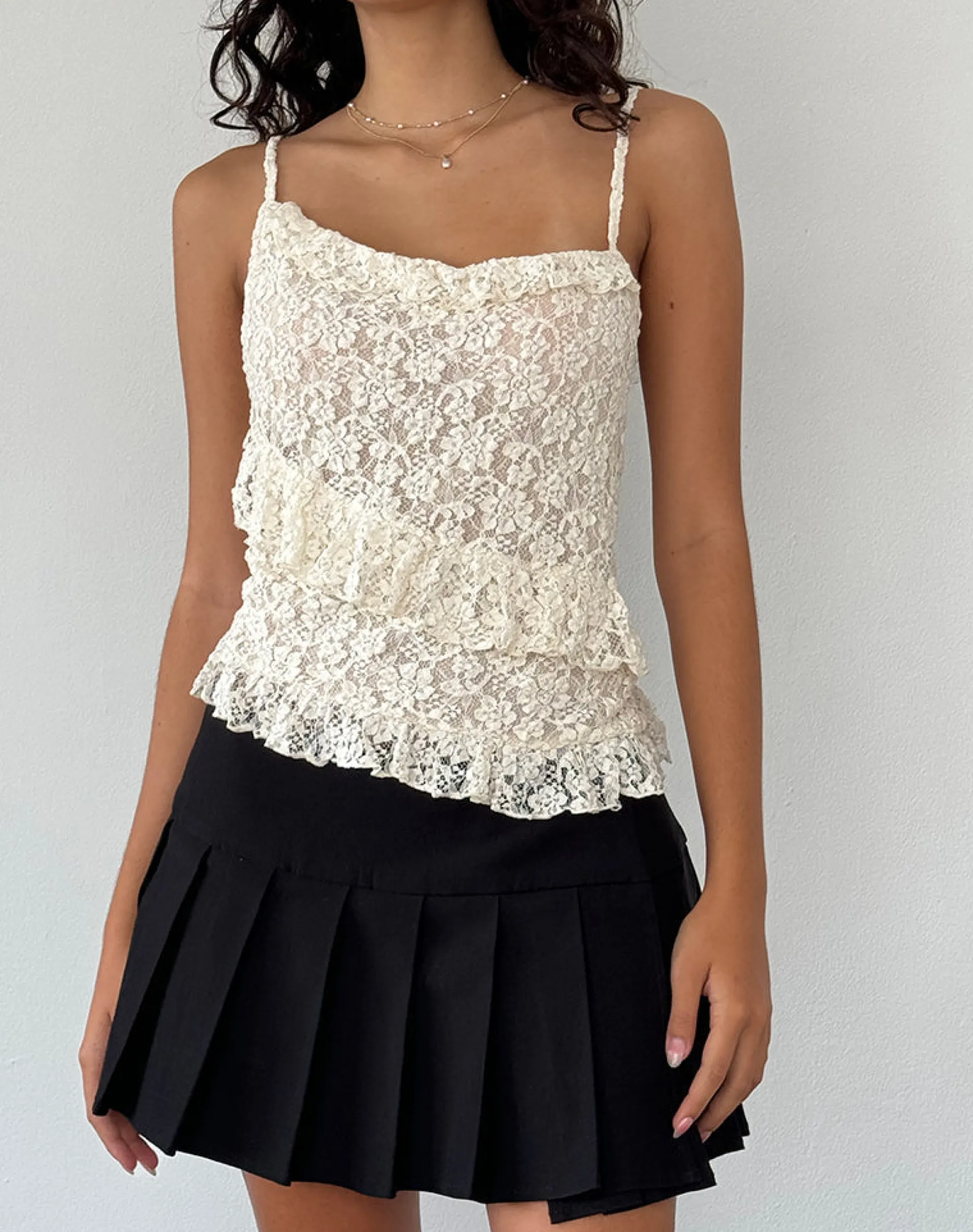 Motel Rocks Strappy Tops | Lace Tops-Octavia Asymmetric Cami Top in Lace Ivory LaceIvory