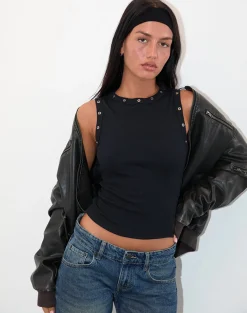 Motel Rocks Basic Tops | Vest Tops-Omari Eyelet Tank Top in Rib Black