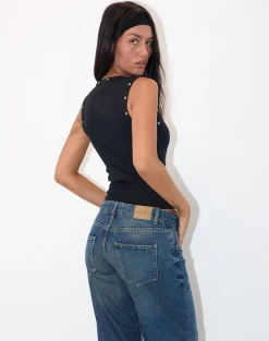 Motel Rocks Basic Tops | Vest Tops-Omari Eyelet Tank Top in Rib Black