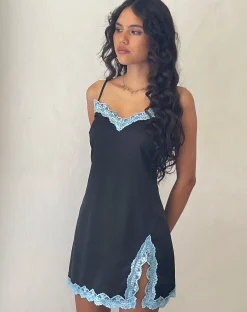Motel Rocks Day Dresses | Party Dresses-Oming Slip Mini Dress in Black with Blue Lace