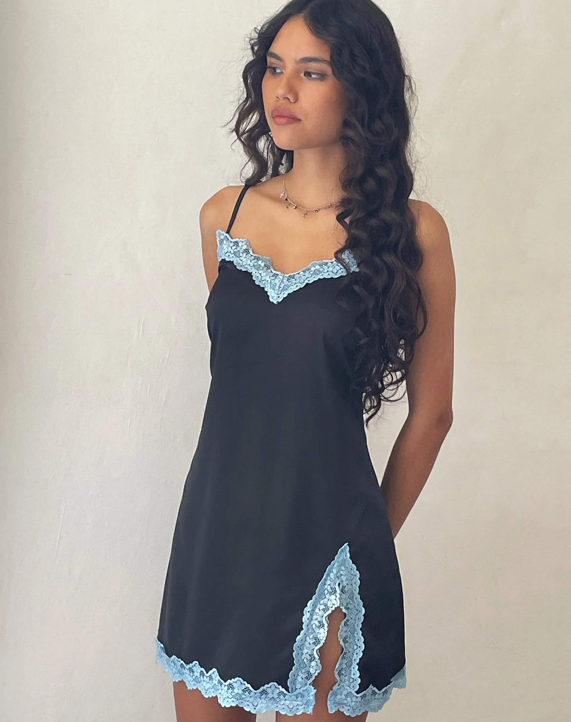 Motel Rocks Day Dresses | Party Dresses-Oming Slip Mini Dress in Black with Blue Lace