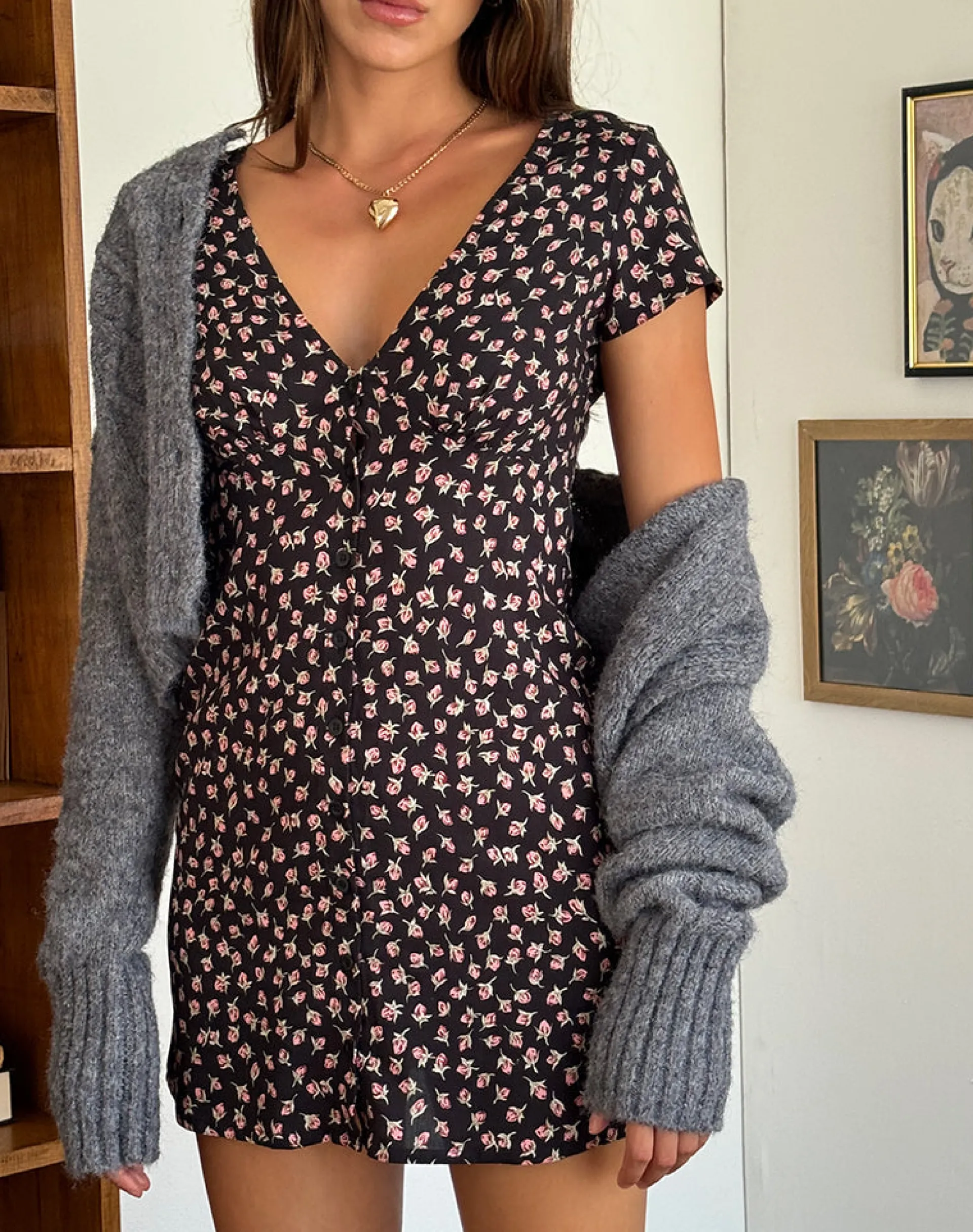 Motel Rocks Printed Dresses | Day Dresses-Omoni Mini Dress in Red Rose Ditsy Black RedRoseDitsyBlack