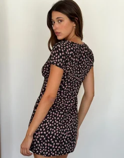 Motel Rocks Printed Dresses | Day Dresses-Omoni Mini Dress in Red Rose Ditsy Black RedRoseDitsyBlack