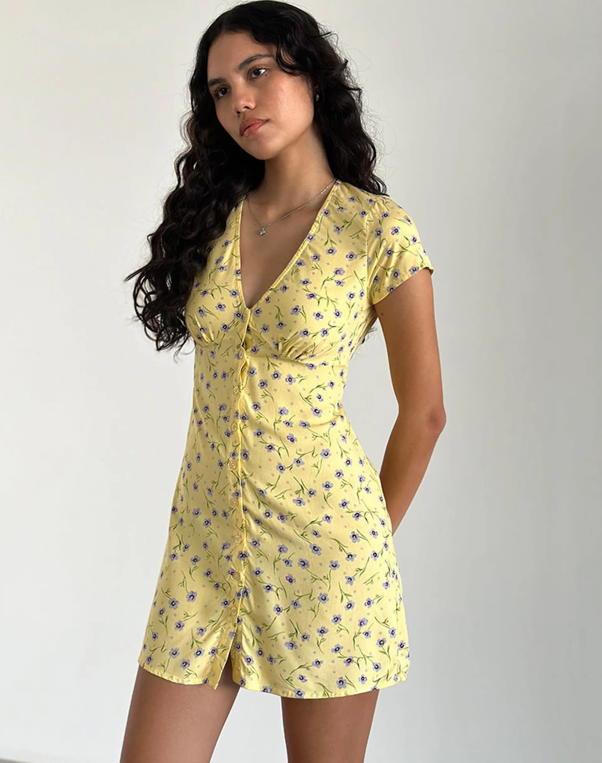 Motel Rocks Printed Dresses | Day Dresses-Omoni Mini Dress in Wild Flower Lemon Drop WildFlowerLemonDrop