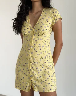 Motel Rocks Printed Dresses | Day Dresses-Omoni Mini Dress in Wild Flower Lemon Drop WildFlowerLemonDrop