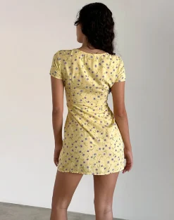 Motel Rocks Printed Dresses | Day Dresses-Omoni Mini Dress in Wild Flower Lemon Drop WildFlowerLemonDrop