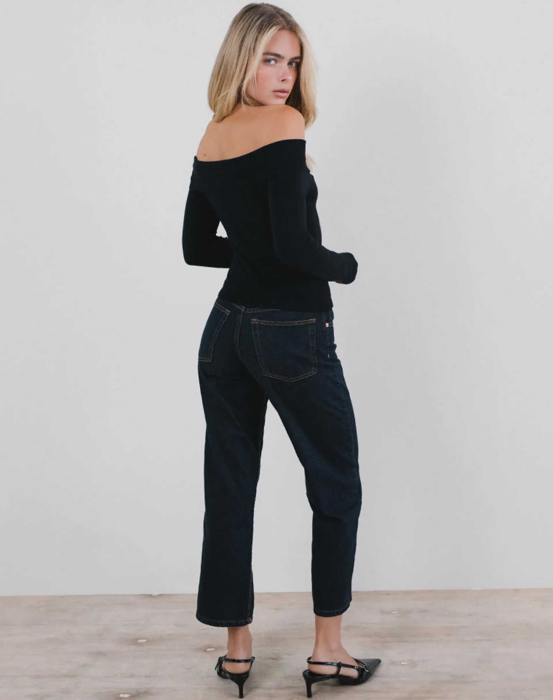 Motel Rocks Basic Tops | Bandeau Tops-Orianne Bardot Top in Knit Black with Satin Bow