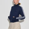 Motel Rocks Jumpers-Orion Zip Up Jumper in Navy with White Stripes and M Embroidery