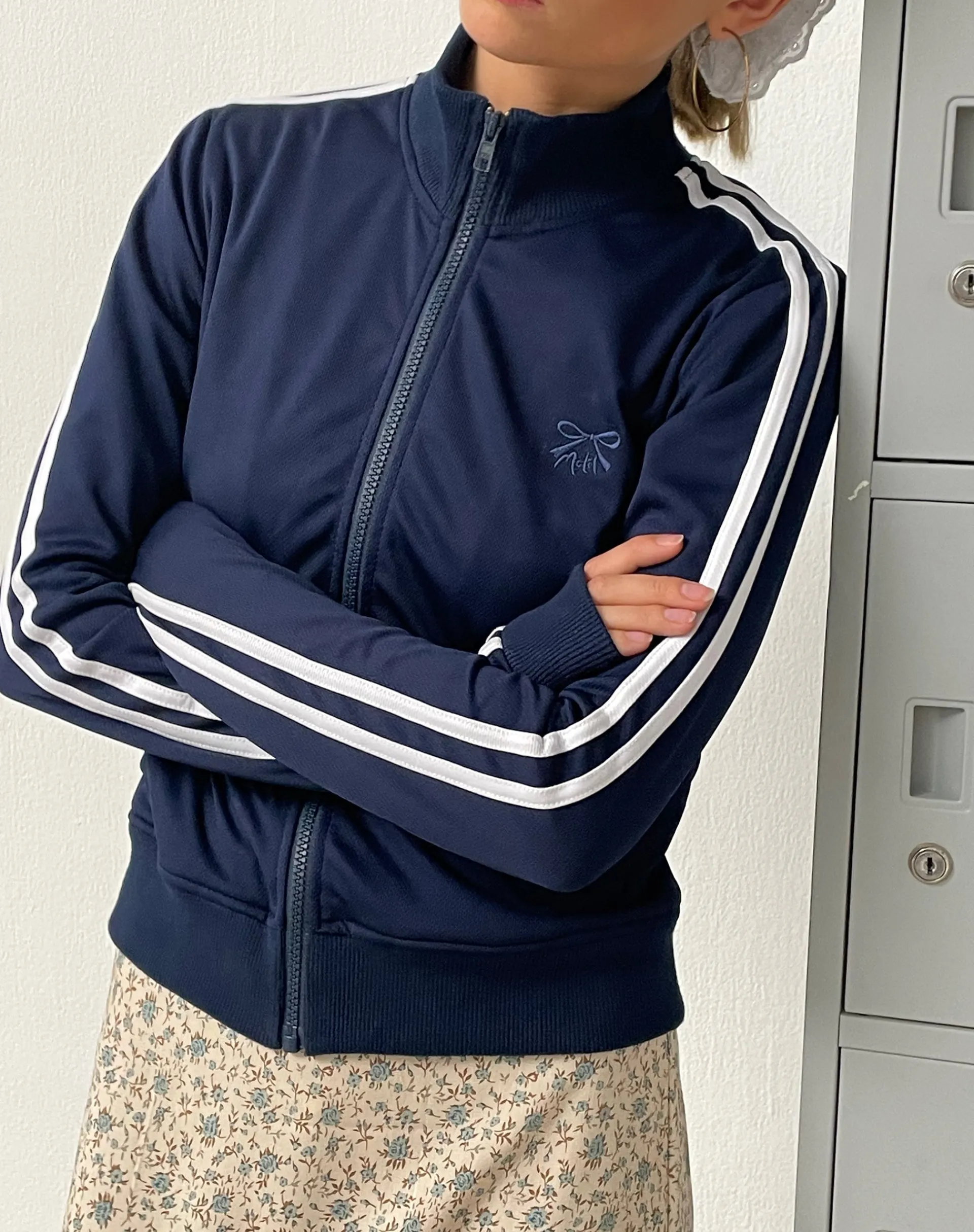 Motel Rocks Jumpers-Orion Zip Up Jumper in Navy with White Stripes and M Embroidery