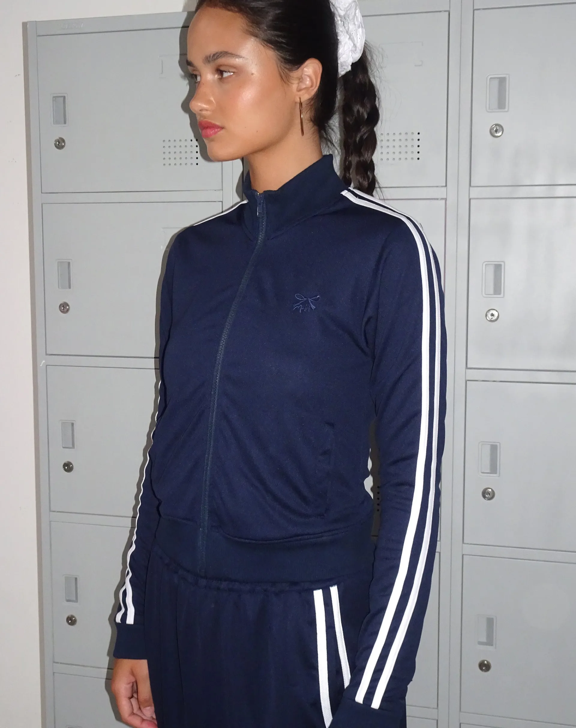 Motel Rocks Jumpers-Orion Zip Up Jumper in Navy with White Stripes and M Embroidery