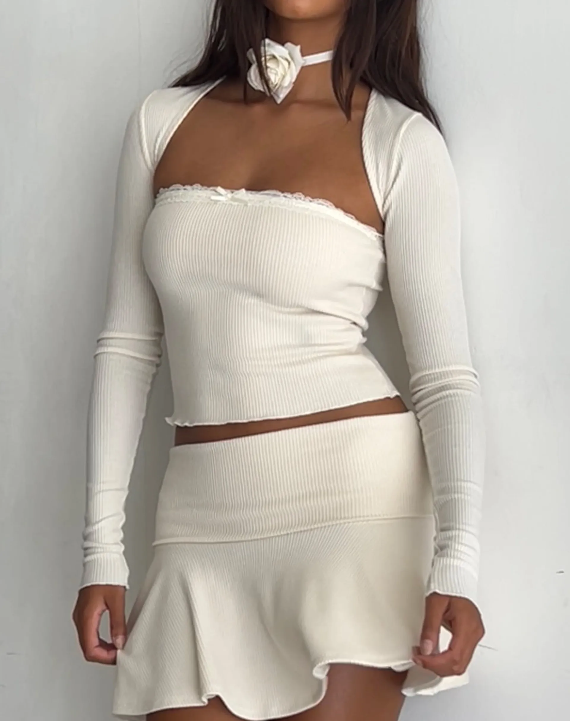 Motel Rocks Mini Skirts-Orla Micro Mini Rib Skirt in ivory