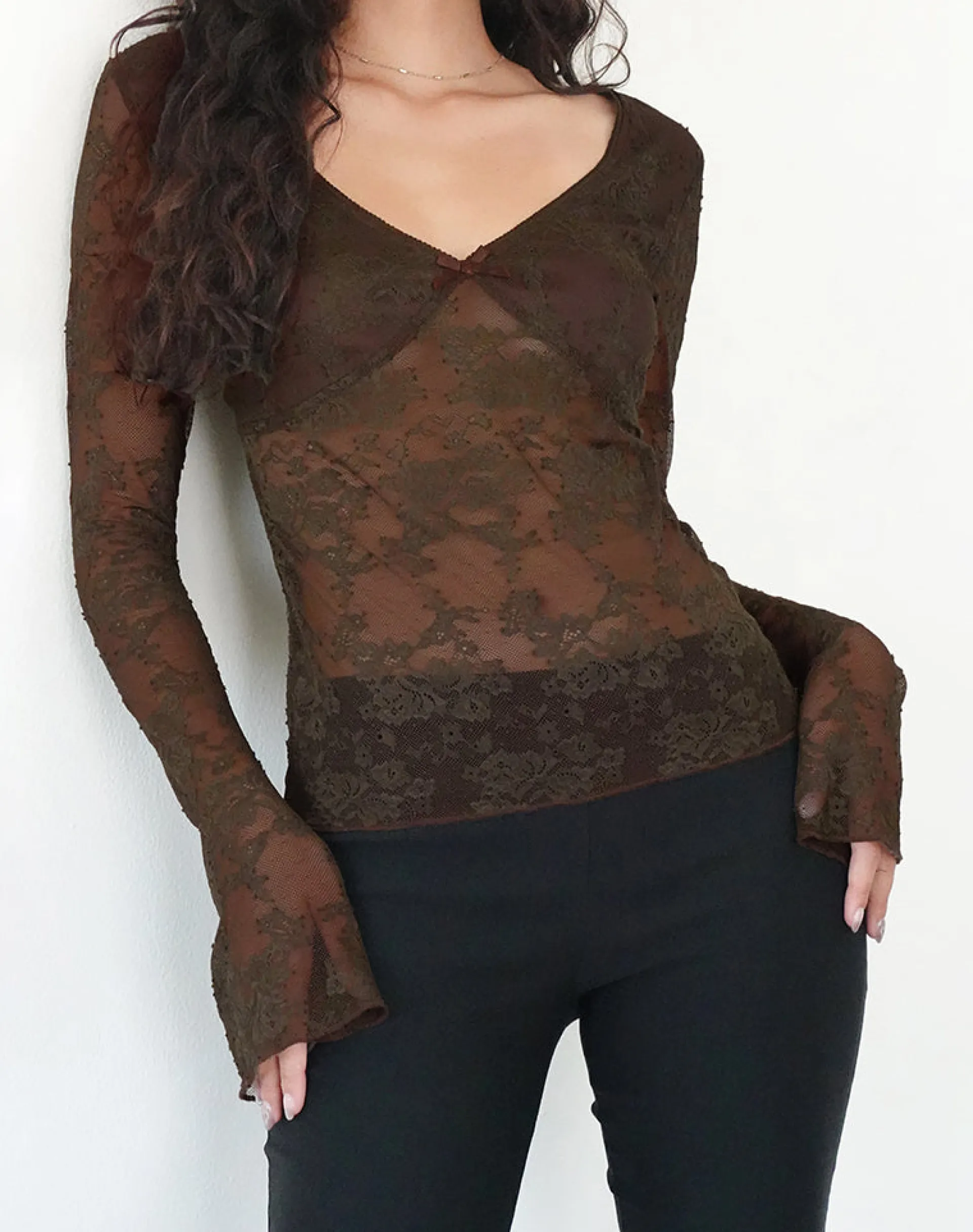 Motel Rocks Long Sleeve Tops-Orphee Long Sleeve Lace Top in Brown
