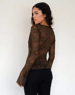 Motel Rocks Long Sleeve Tops-Orphee Long Sleeve Lace Top in Brown