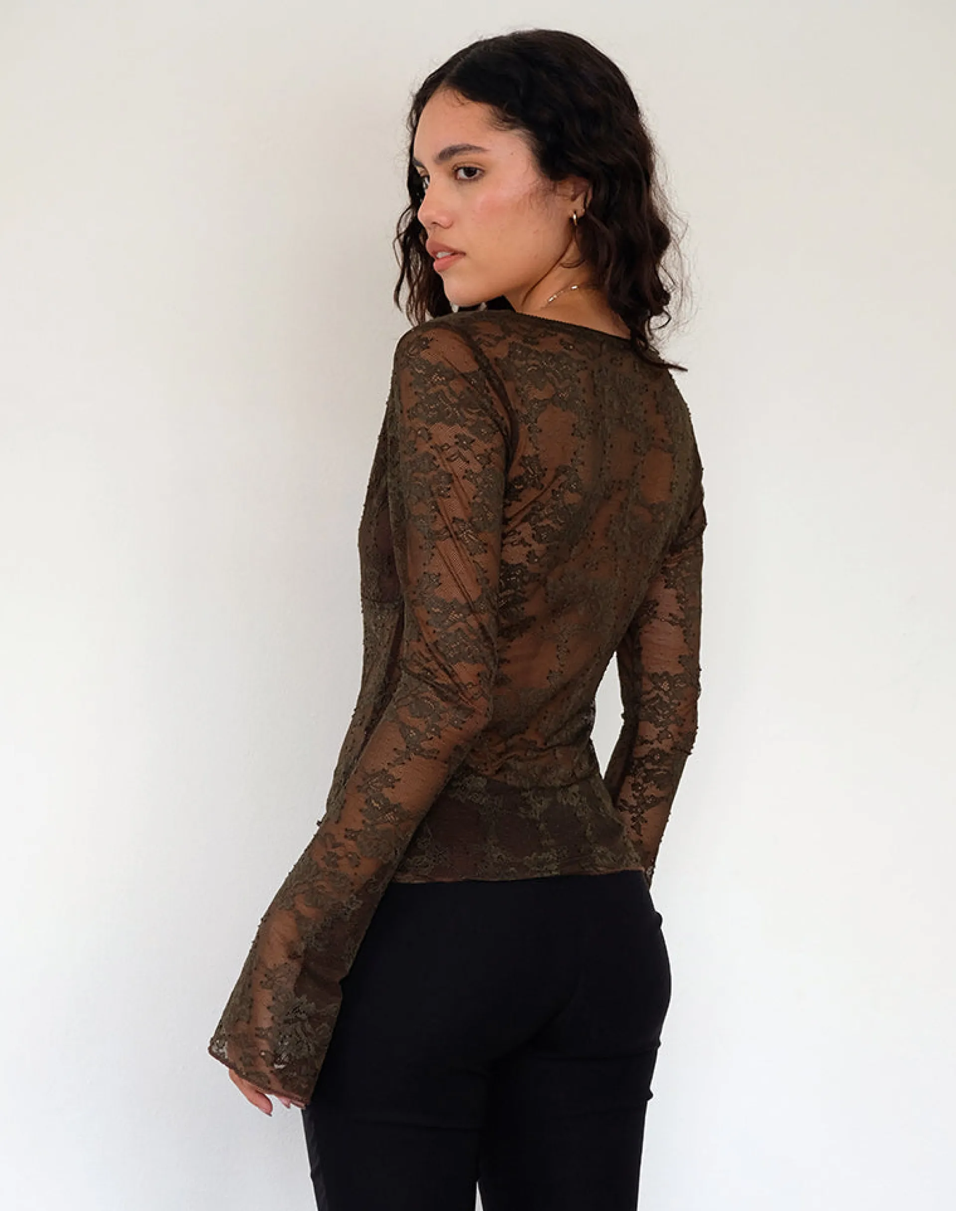 Motel Rocks Long Sleeve Tops-Orphee Long Sleeve Lace Top in Brown