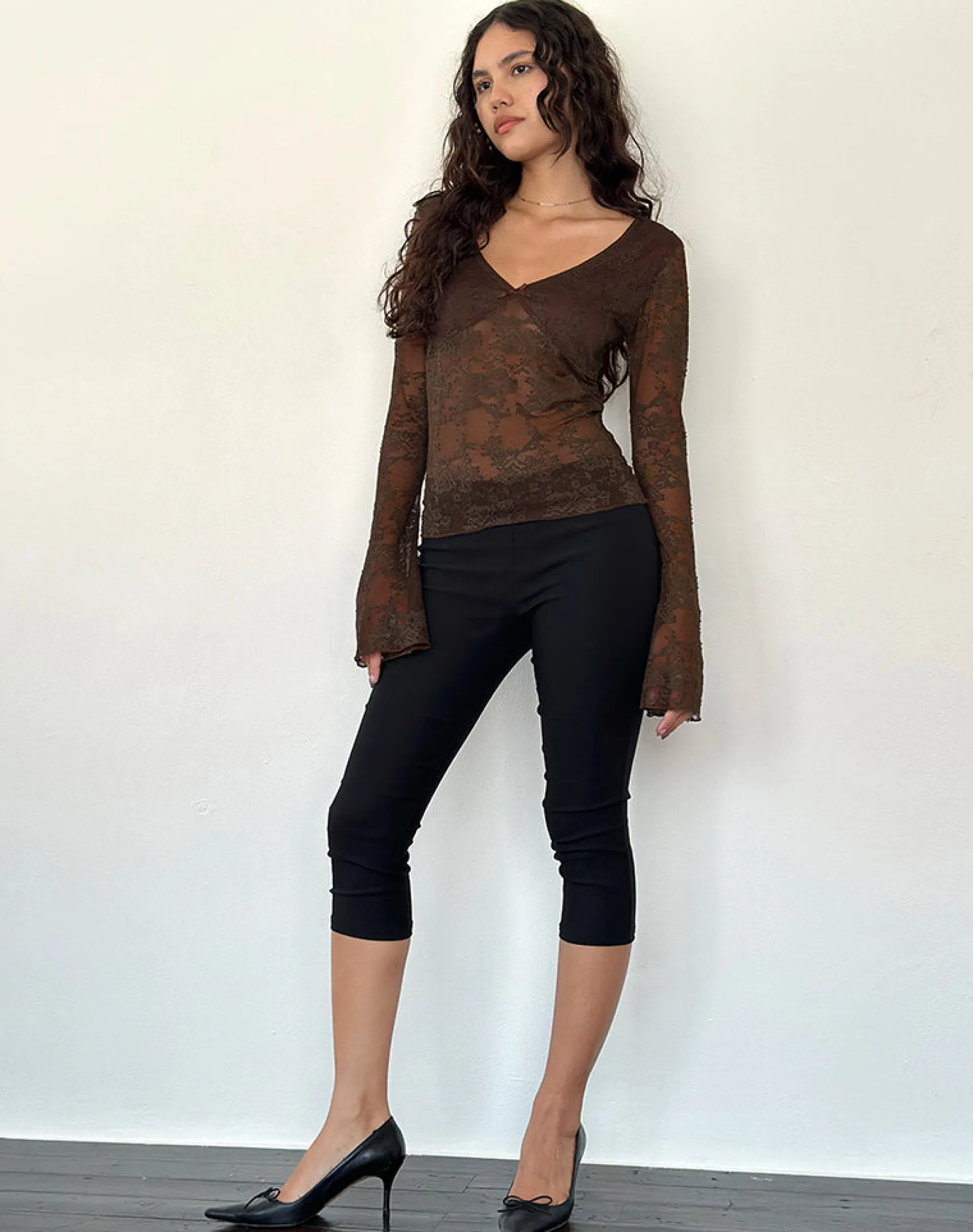 Motel Rocks Long Sleeve Tops-Orphee Long Sleeve Lace Top in Brown