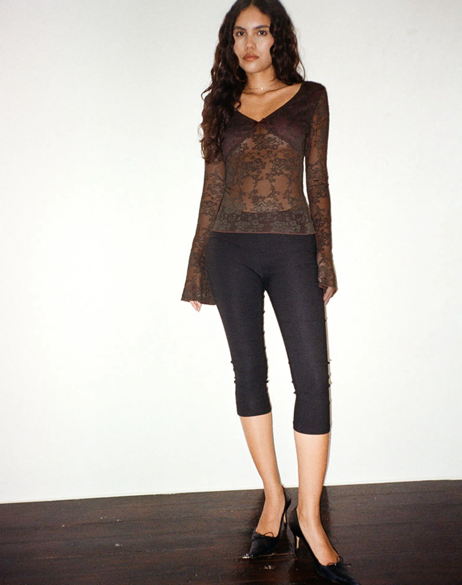 Motel Rocks Long Sleeve Tops-Orphee Long Sleeve Lace Top in Brown
