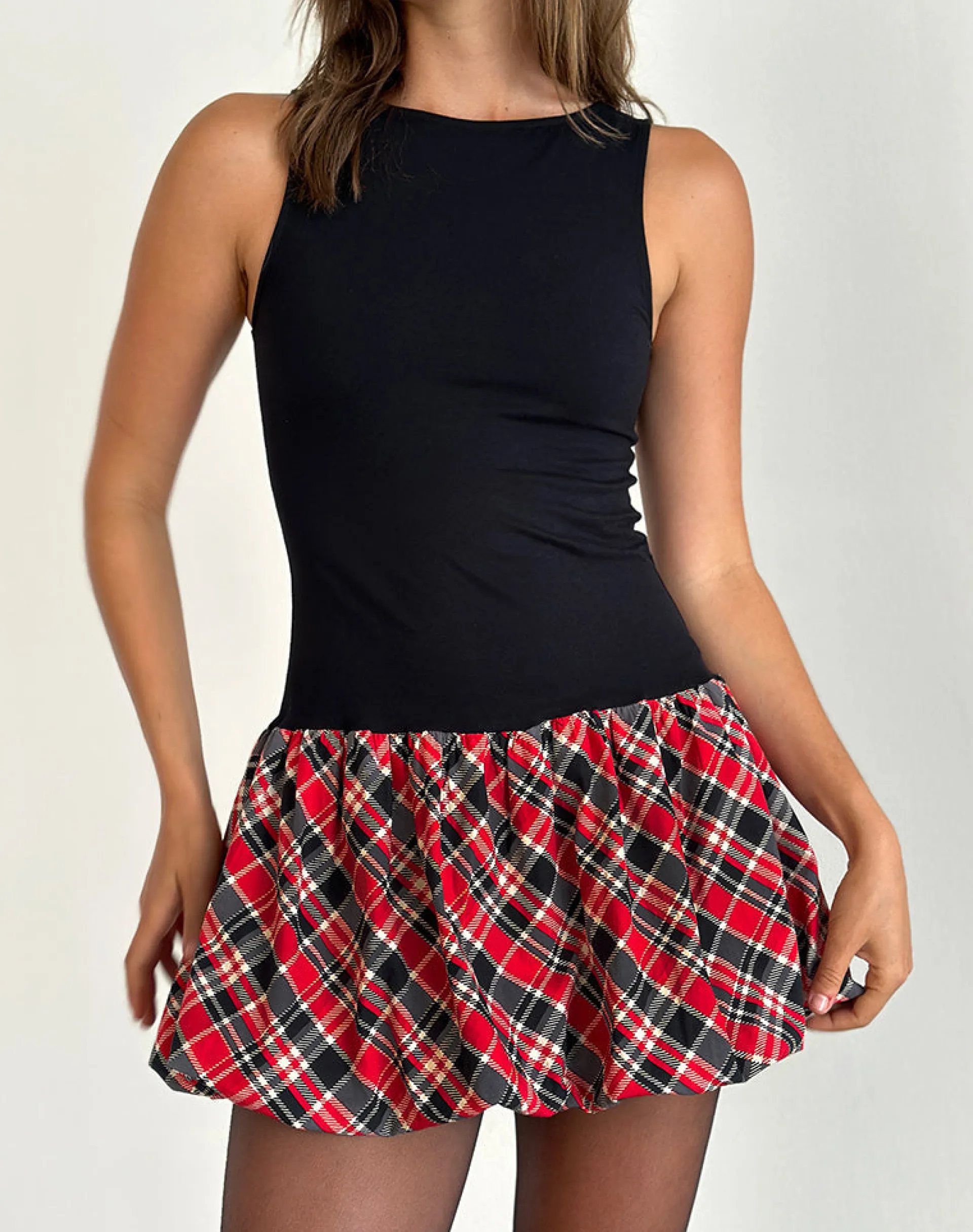 Motel Rocks Tailoring | Bodycon Dresses-Ortega Mini Dress in Black with Diagonal Check Red