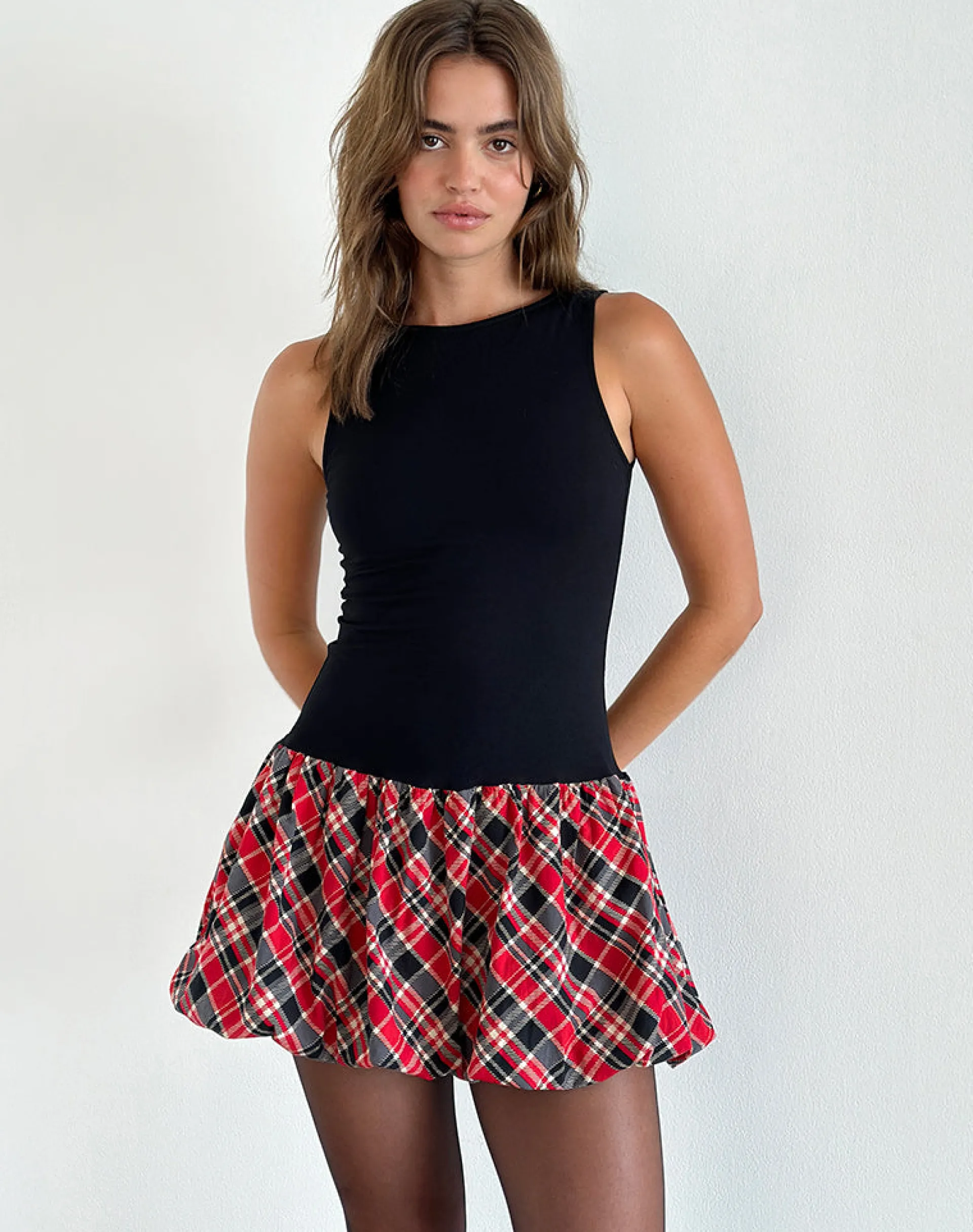 Motel Rocks Tailoring | Bodycon Dresses-Ortega Mini Dress in Black with Diagonal Check Red