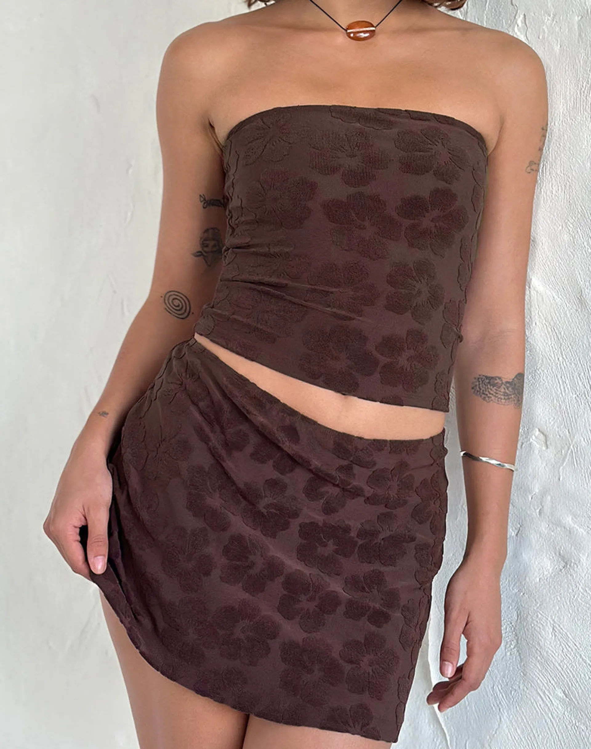 Motel Rocks Co-Ords | Printed Skirts-Oruto Skirt in Hibiscus Terry Brown HibiscusTerryBrown