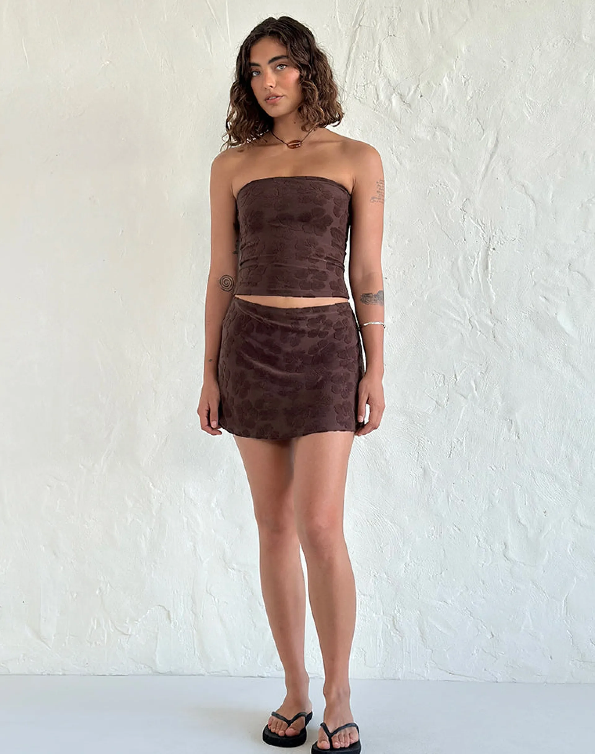 Motel Rocks Co-Ords | Printed Skirts-Oruto Skirt in Hibiscus Terry Brown HibiscusTerryBrown
