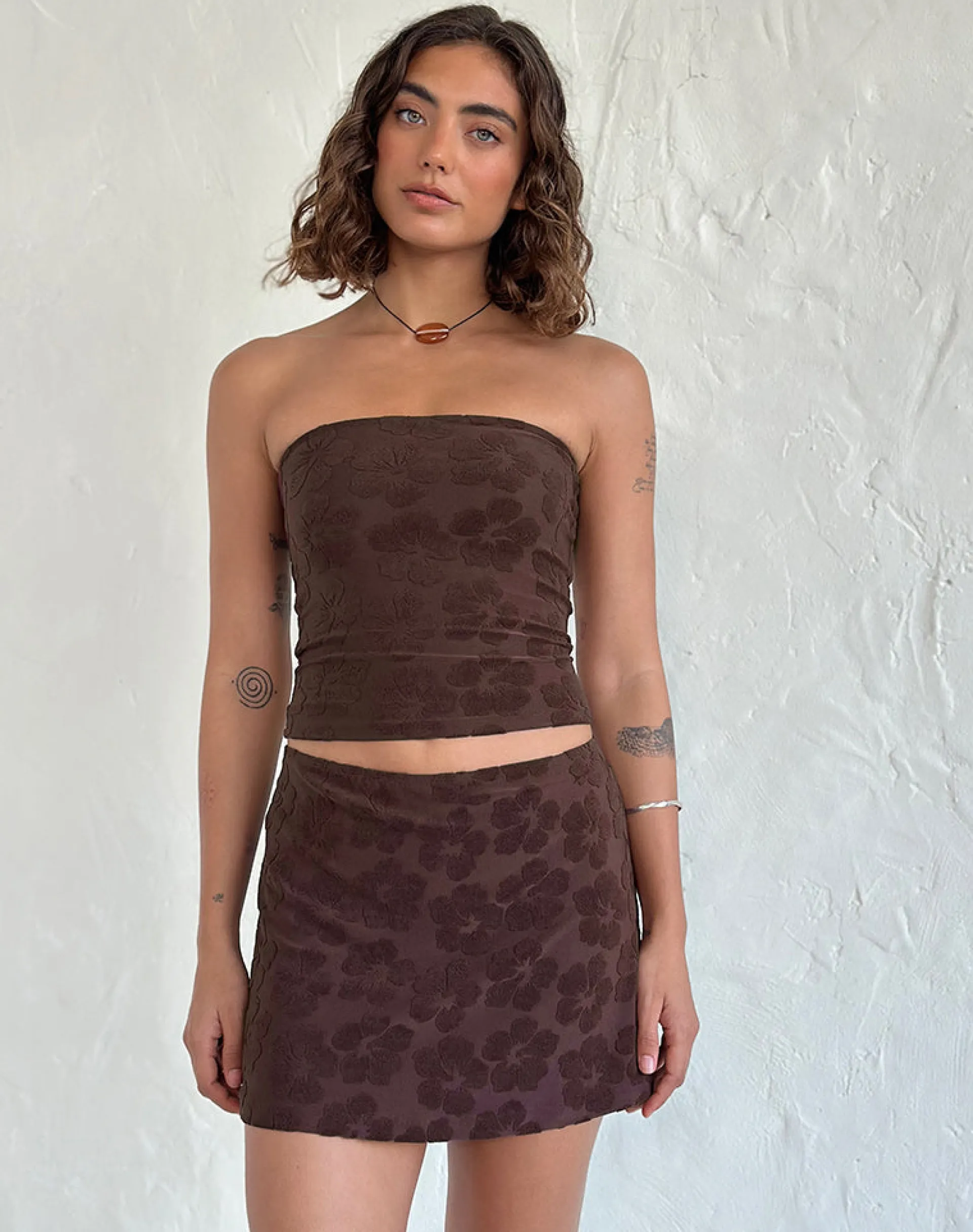 Motel Rocks Co-Ords | Printed Skirts-Oruto Skirt in Hibiscus Terry Brown HibiscusTerryBrown