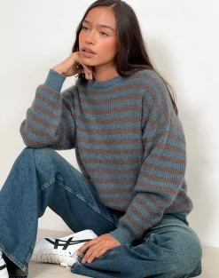 Motel Rocks Jumpers-Orvala Knit Jumper in Slate and Brown Stripe