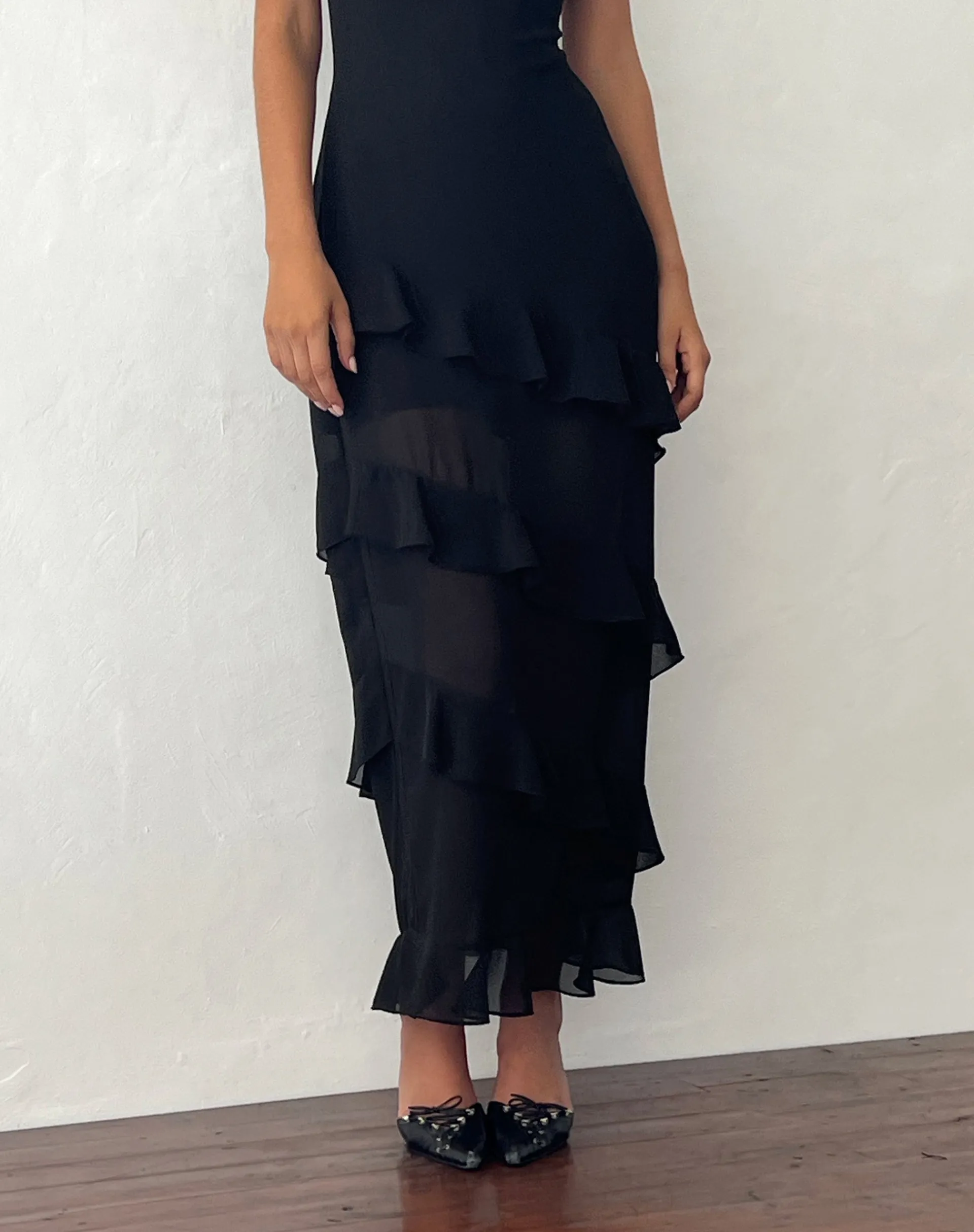 Motel Rocks Little Black Dresses | Party Dresses-Otna Ruffle Detail Chiffon Maxi Dress in Black