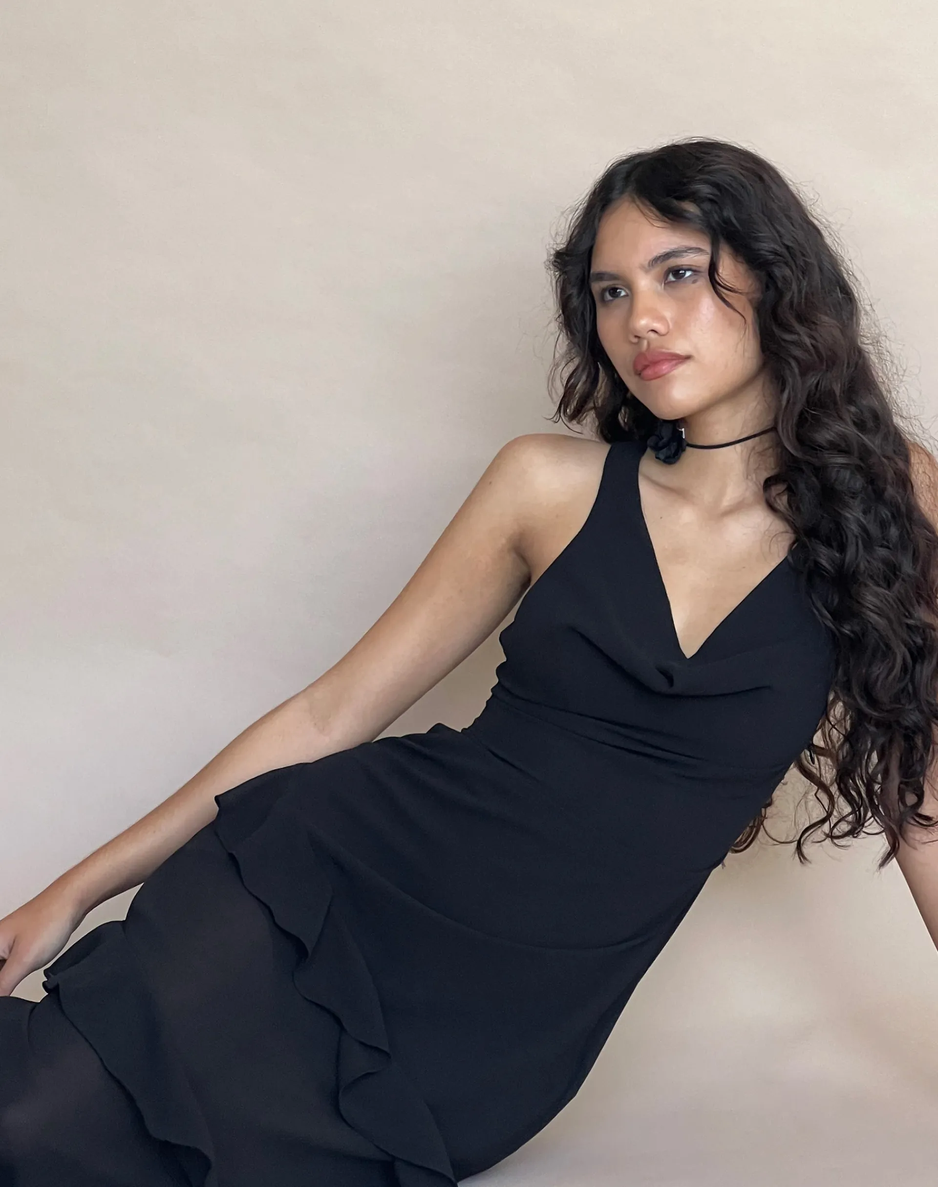 Motel Rocks Little Black Dresses | Party Dresses-Otna Ruffle Detail Chiffon Maxi Dress in Black