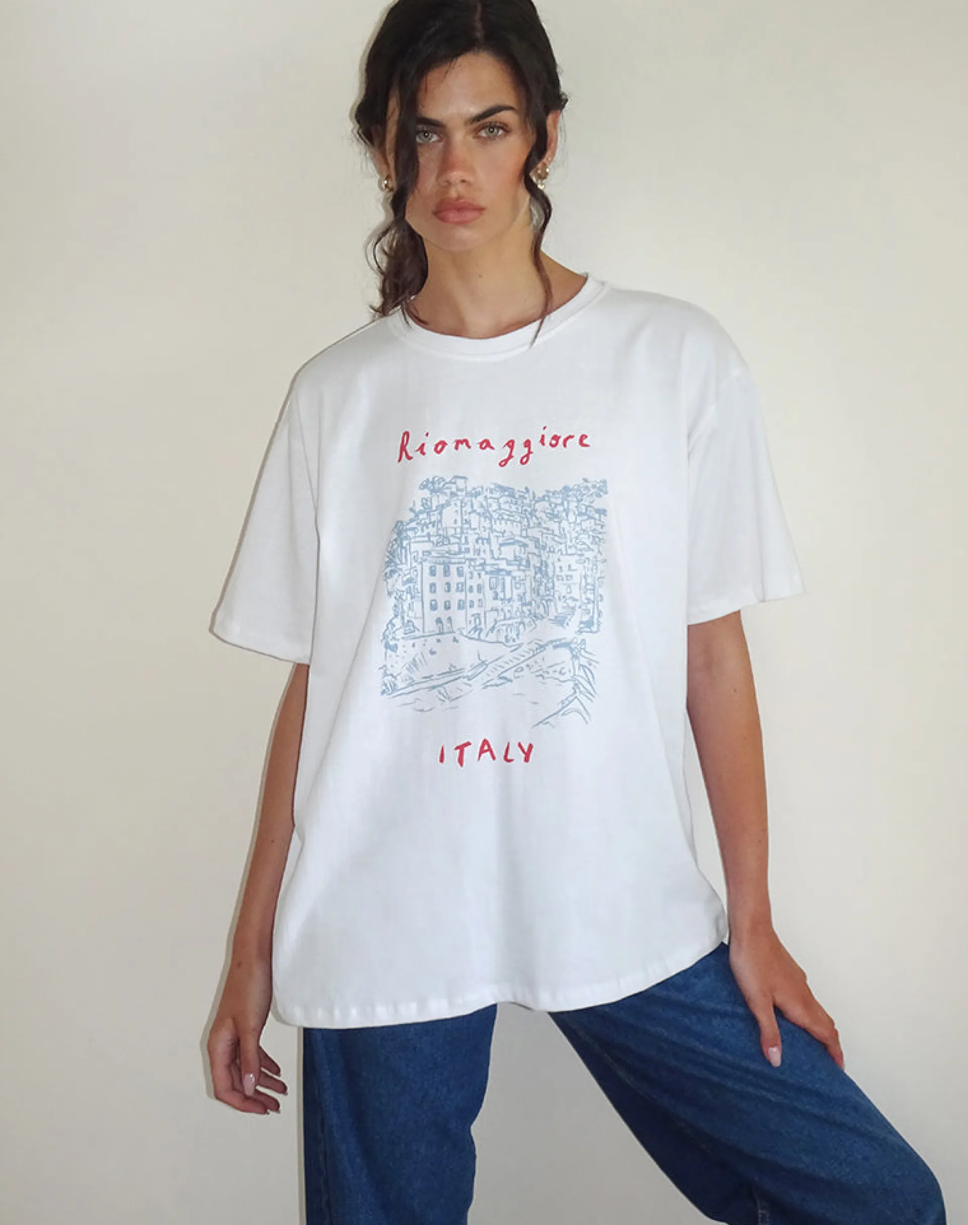 Motel Rocks Tees-Oversized Basic Tee in Riomaggiore Italy White RiomaggioreItalyWhite