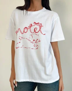 Motel Rocks Printed Tops | Tees-Oversized Basic Tee in White with Kitty WhitewithKitty