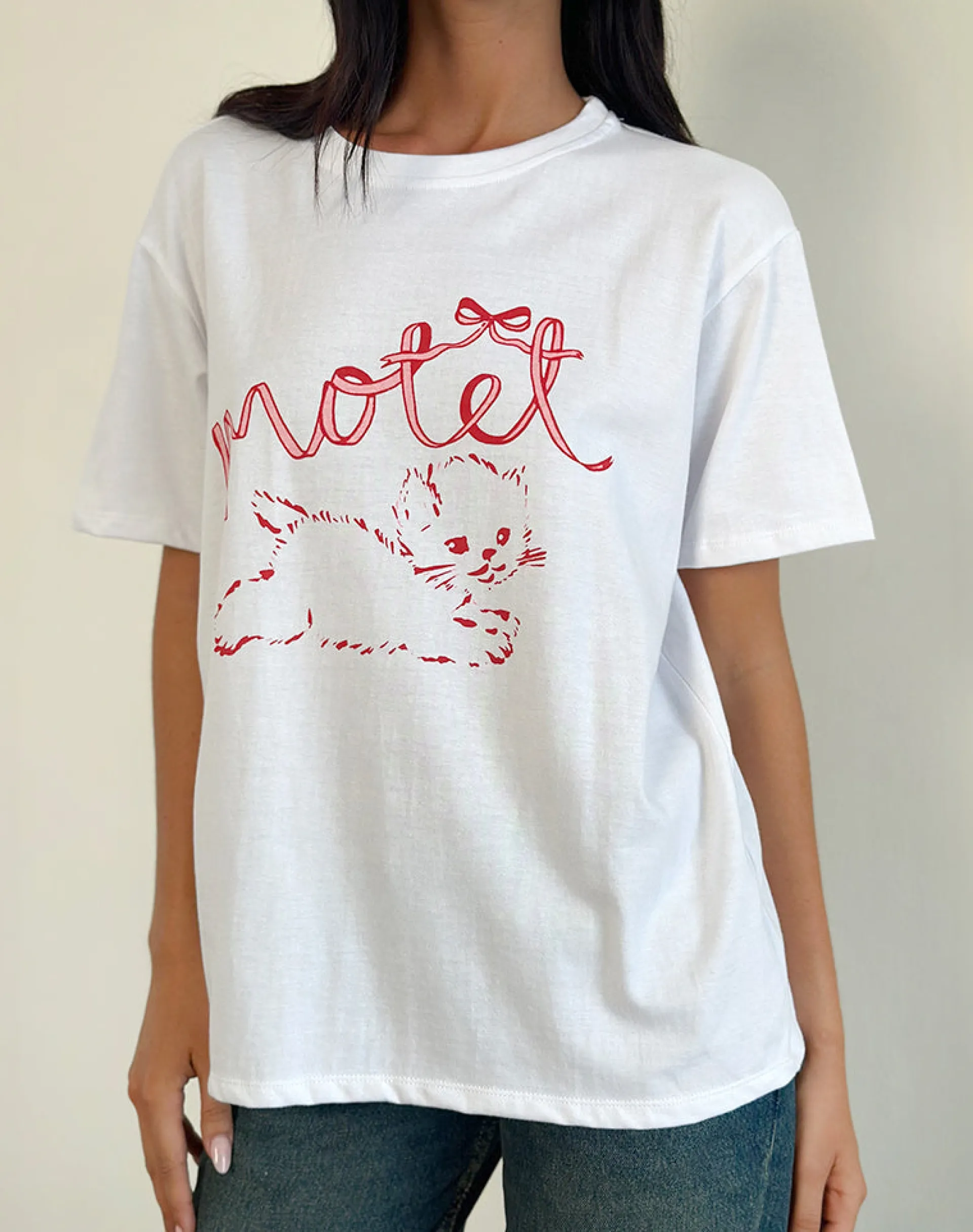 Motel Rocks Printed Tops | Tees-Oversized Basic Tee in White with Kitty WhitewithKitty
