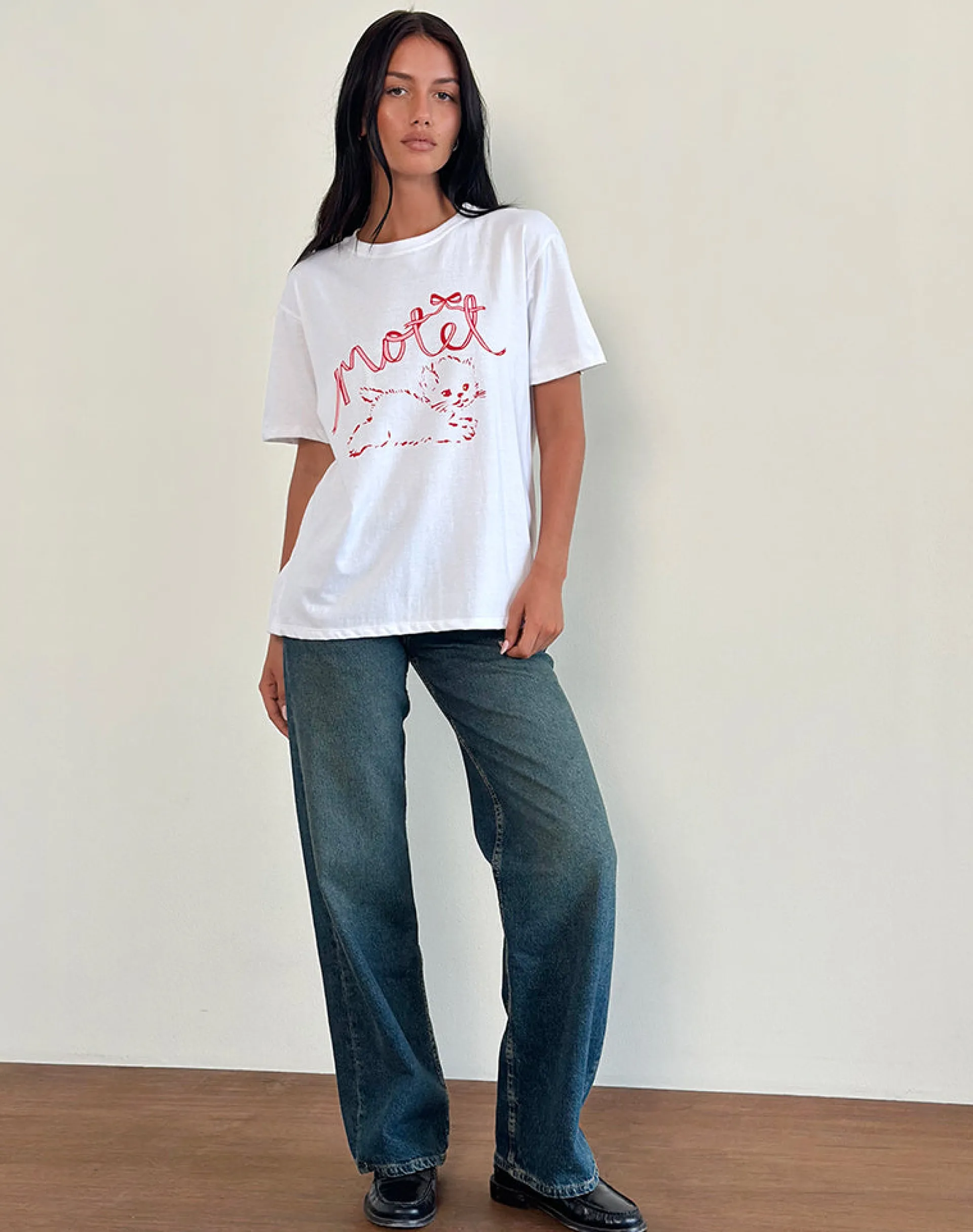 Motel Rocks Printed Tops | Tees-Oversized Basic Tee in White with Kitty WhitewithKitty