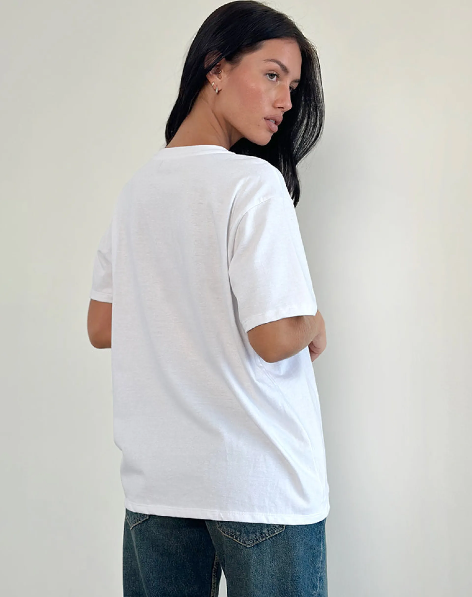 Motel Rocks Printed Tops | Tees-Oversized Basic Tee in White with Kitty WhitewithKitty