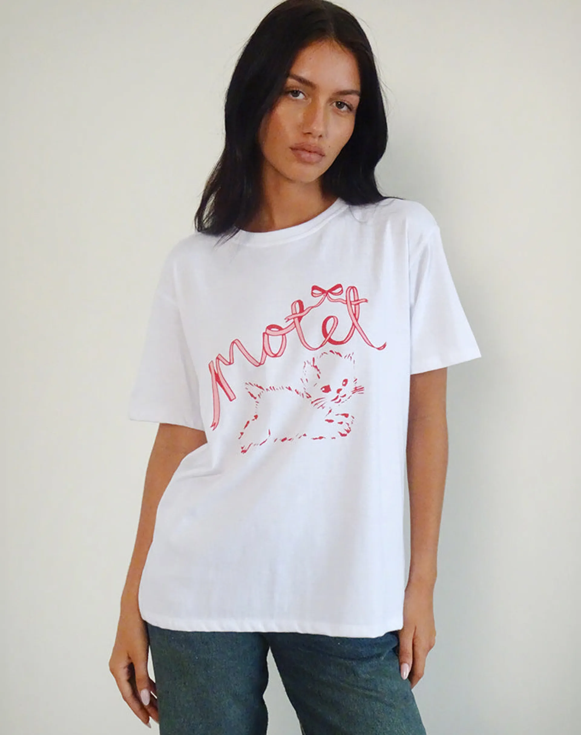Motel Rocks Printed Tops | Tees-Oversized Basic Tee in White with Kitty WhitewithKitty