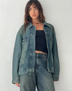 Motel Rocks Basics-Oversized Denim Jacket in Brown Blue Acid BrownBlueAcid