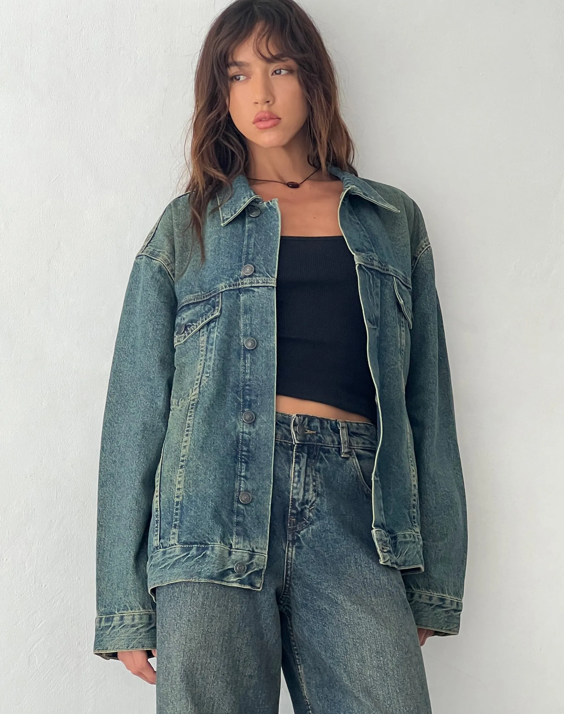 Motel Rocks Basics-Oversized Denim Jacket in Brown Blue Acid BrownBlueAcid