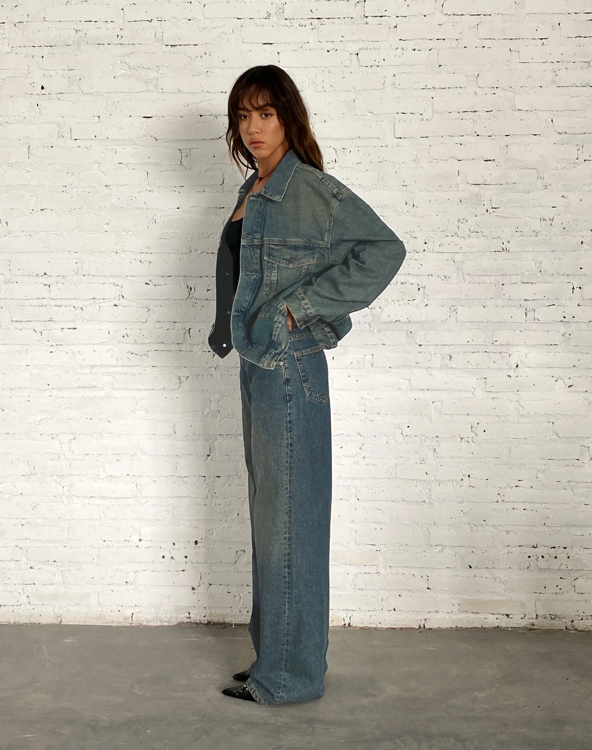 Motel Rocks Basics-Oversized Denim Jacket in Brown Blue Acid BrownBlueAcid