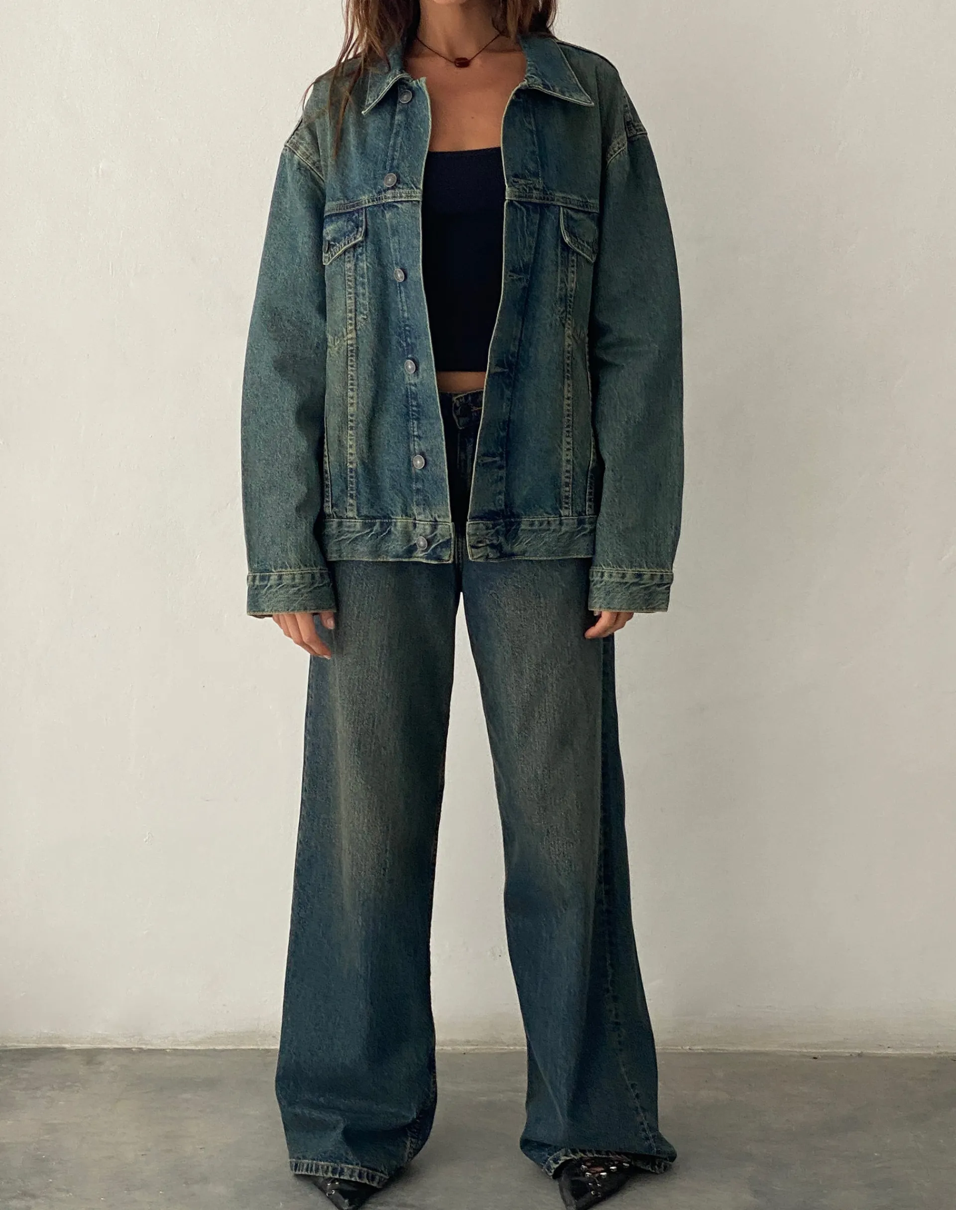 Motel Rocks Basics-Oversized Denim Jacket in Brown Blue Acid BrownBlueAcid