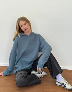 Motel Rocks Hoodies & Sweatshirts-Oversized Hoodie in Blue Mirage with White 'MOTEL' Embroidery BlueMiragewithWhite'MOTEL'Embroidery